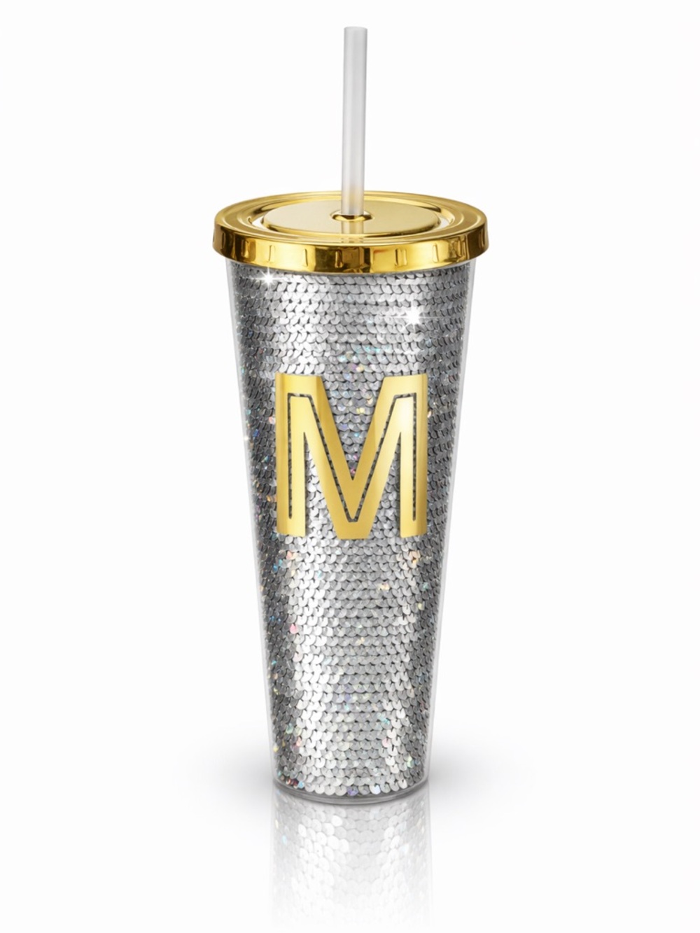 Silver Sequin Monogram Tumbler Cup Gold M
